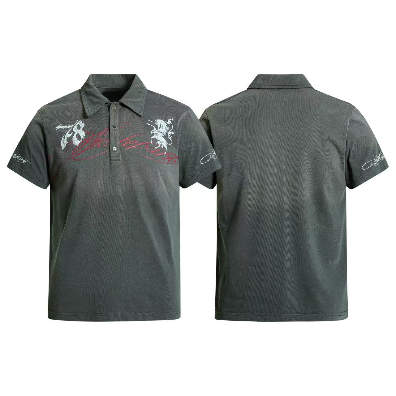 Charcoal grey cotton polo shirt with distressed vintage graphic print featuring number 78, heraldic lion, and red script deta