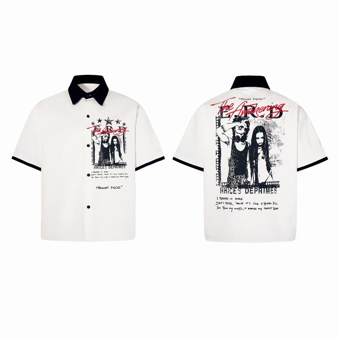 White oversized short-sleeve graphic shirt with black contrast collar, vintage rock band print, and red script lettering on f