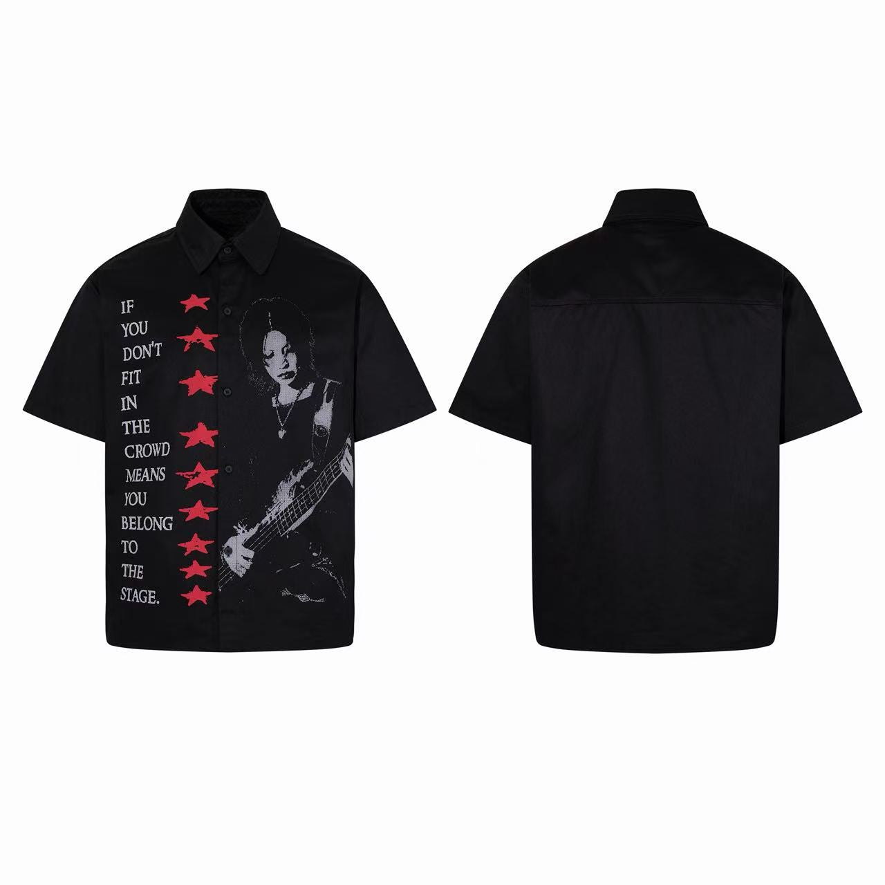 Black short-sleeve button-up shirt with rock guitarist graphic, red stars, and inspirational quote on the front panel