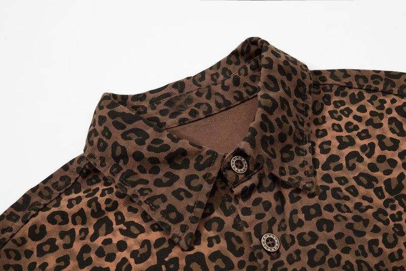 Brown leopard print button-up shirt with collar and statement graphic style detail