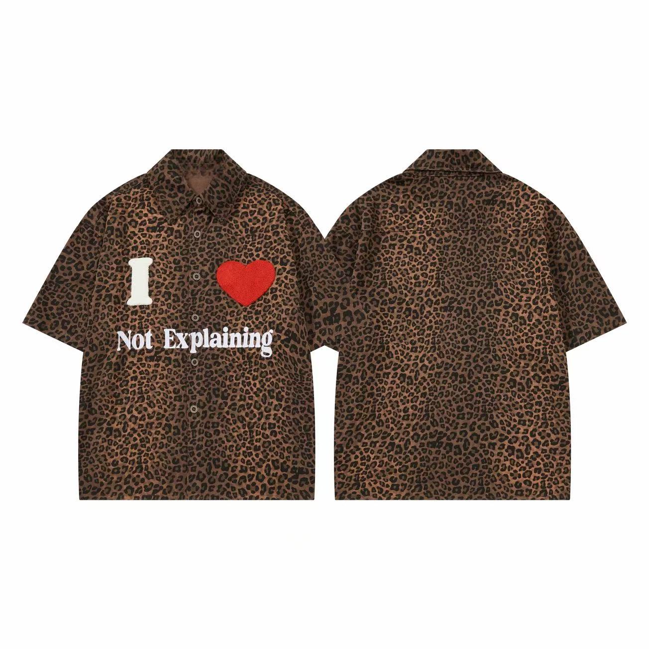 Front and back view of a brown leopard print short-sleeve button-up shirt with I Love Not Explaining graphic and red heart pa