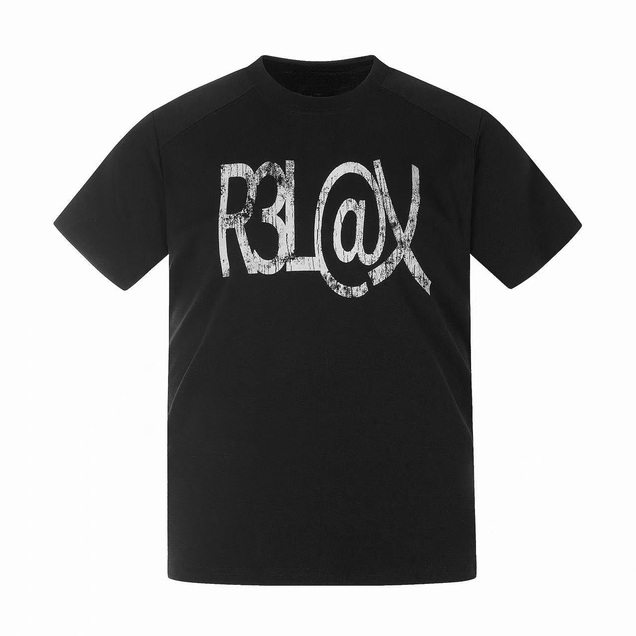 Black oversized streetwear t-shirt with distressed white R3L@X graphic print on the front