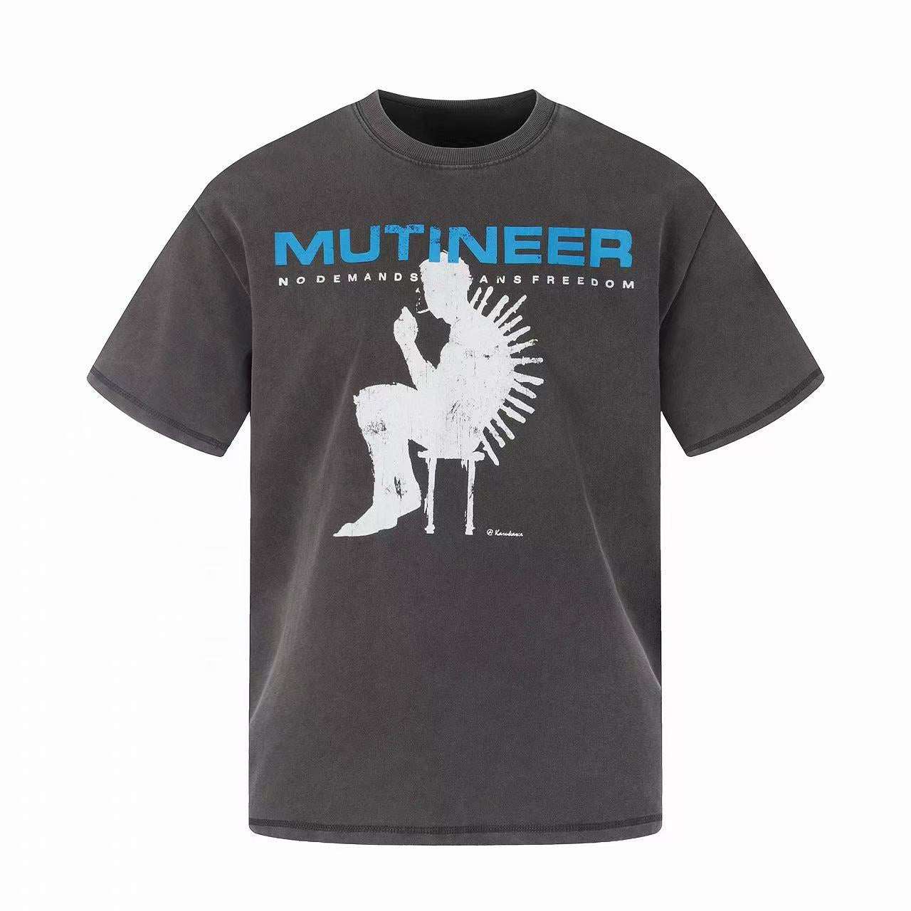 Charcoal washed cotton graphic tee with blue Mutineer typography and white distressed seated figure print on front