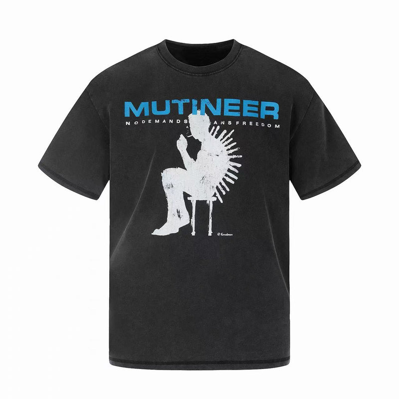 Black vintage washed graphic tee with blue Mutineer text and distressed white seated figure print