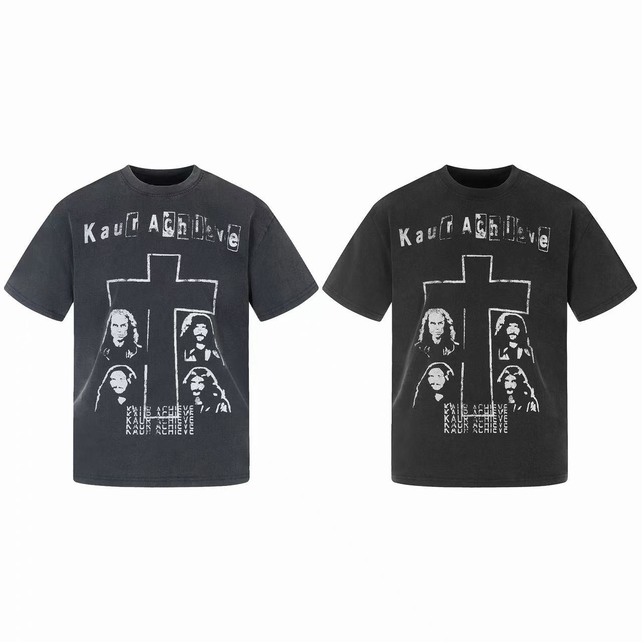 Two washed grey and black Kaur Achieve vintage cross graphic tees with distressed portrait collage print on chest