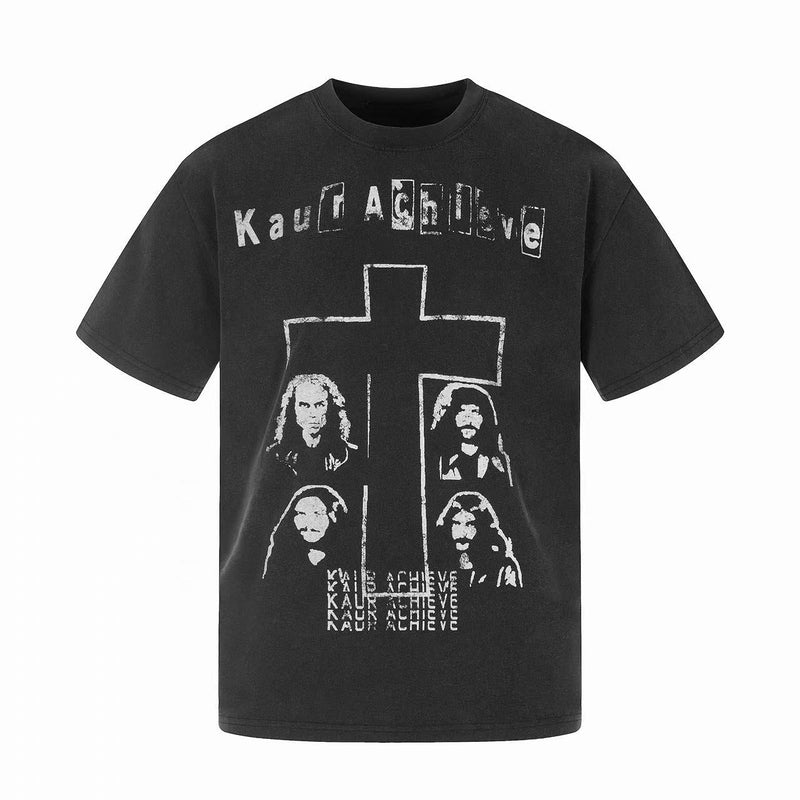 Black vintage graphic tee with distressed cross print and band-style portraits on the front
