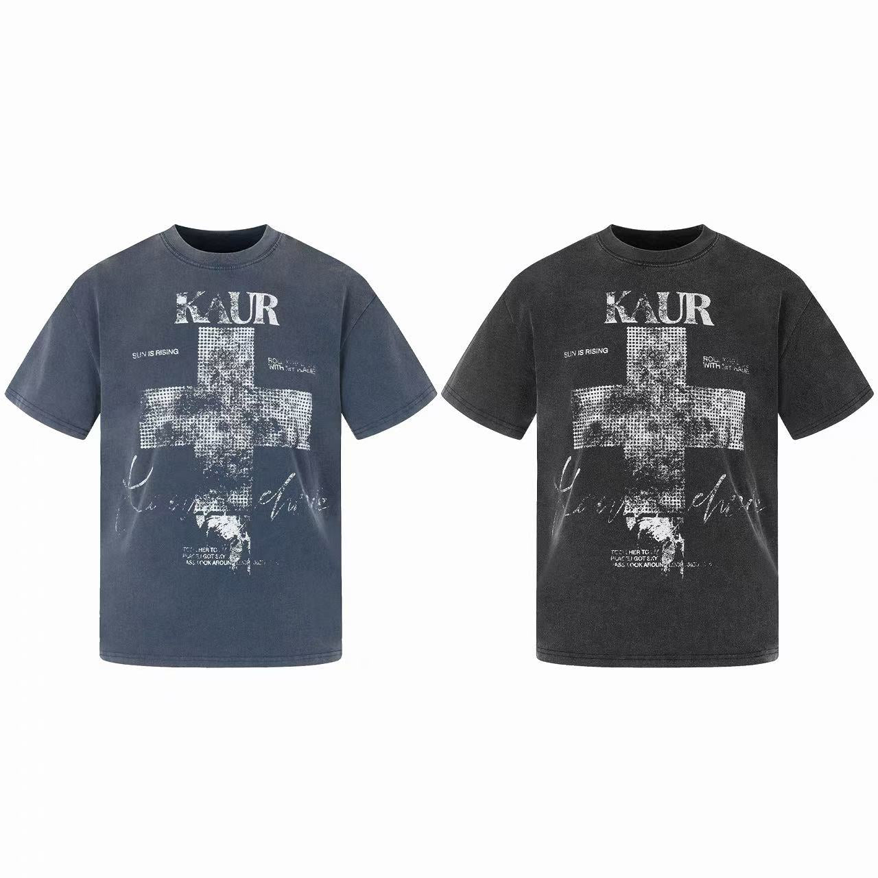 KAUR washed black oversized graphic tee with distressed cross print and layered typography on white background