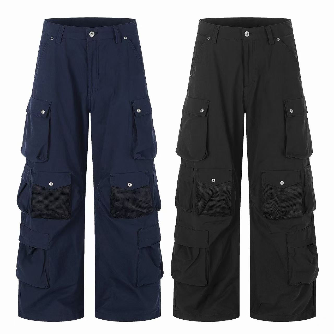 Omirad Utility Cargo Pants in navy and black with multi-pocket cargo design and mesh flap pockets, wide-leg fit