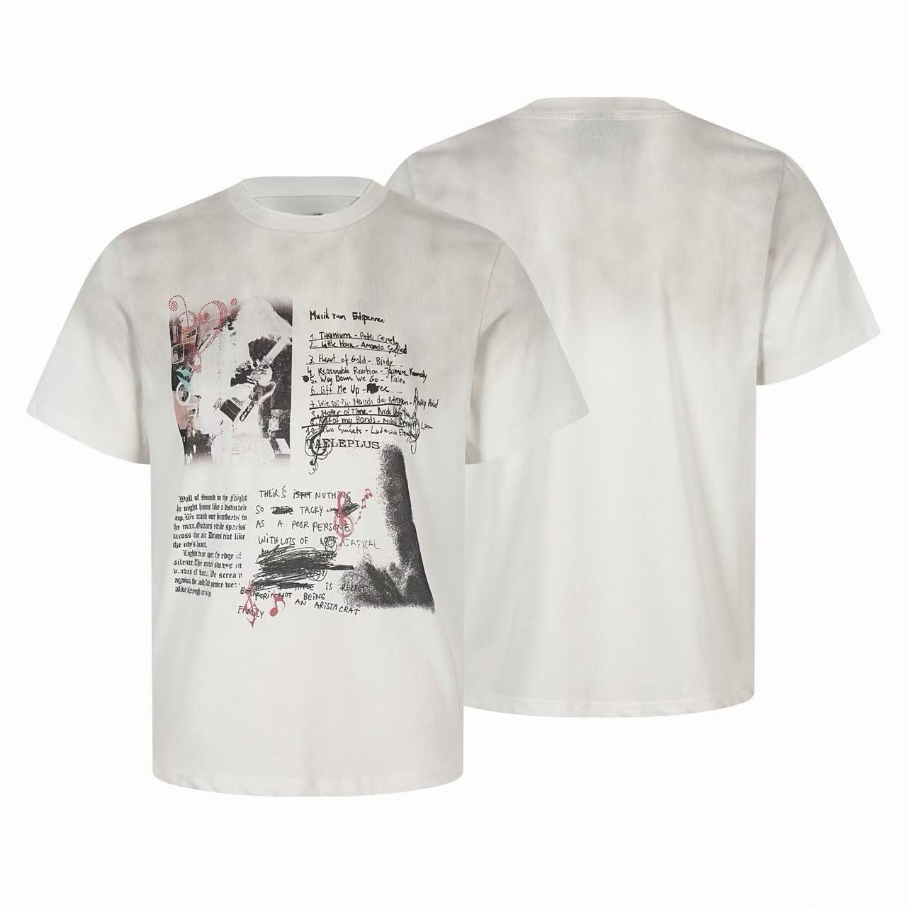 White oversized graphic washed tee with handwritten playlist notes, music symbols, and collage-style front print