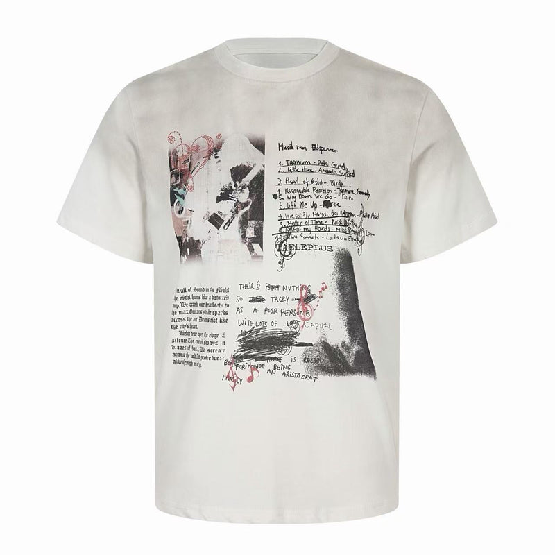Oversized washed beige graphic tee with abstract collage, handwritten text, and vintage streetwear styling