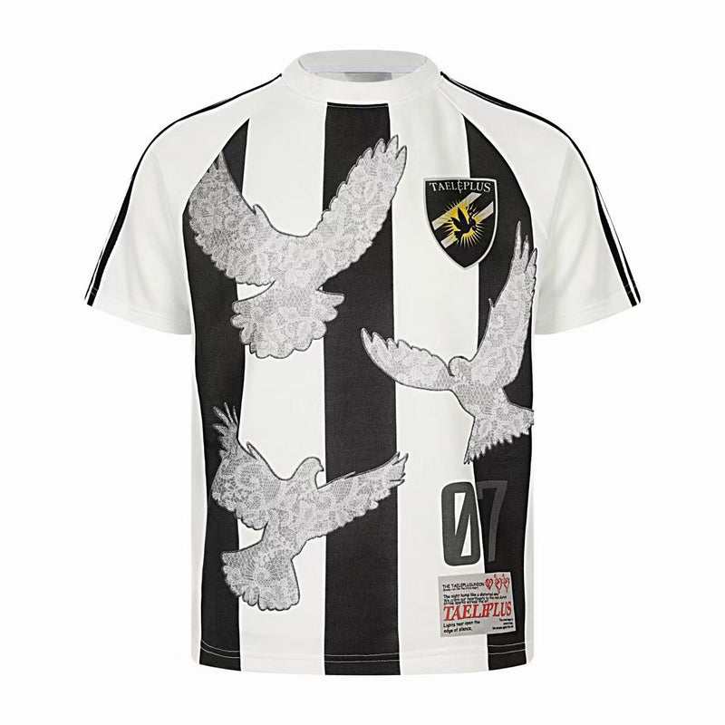 Black and white striped football jersey tee with flying dove graphics and chest crest patch