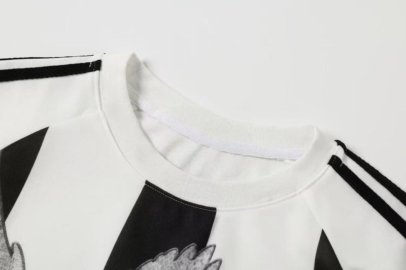 White football jersey tee with black shoulder stripes and dove graphic print, close-up of ribbed crew neckline