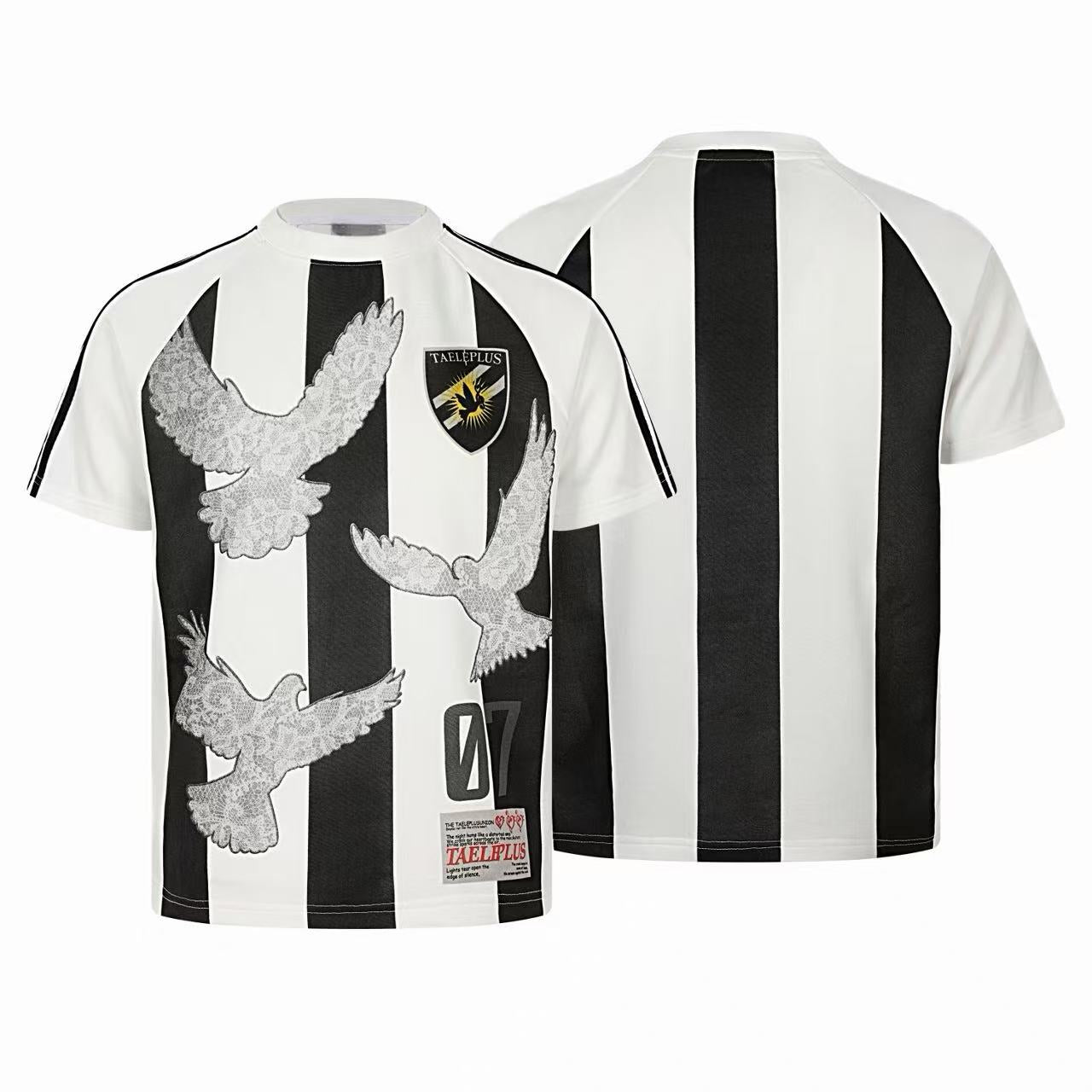 Front and back view of a black and white vertical striped football jersey tee with lace dove applique graphics and number 07