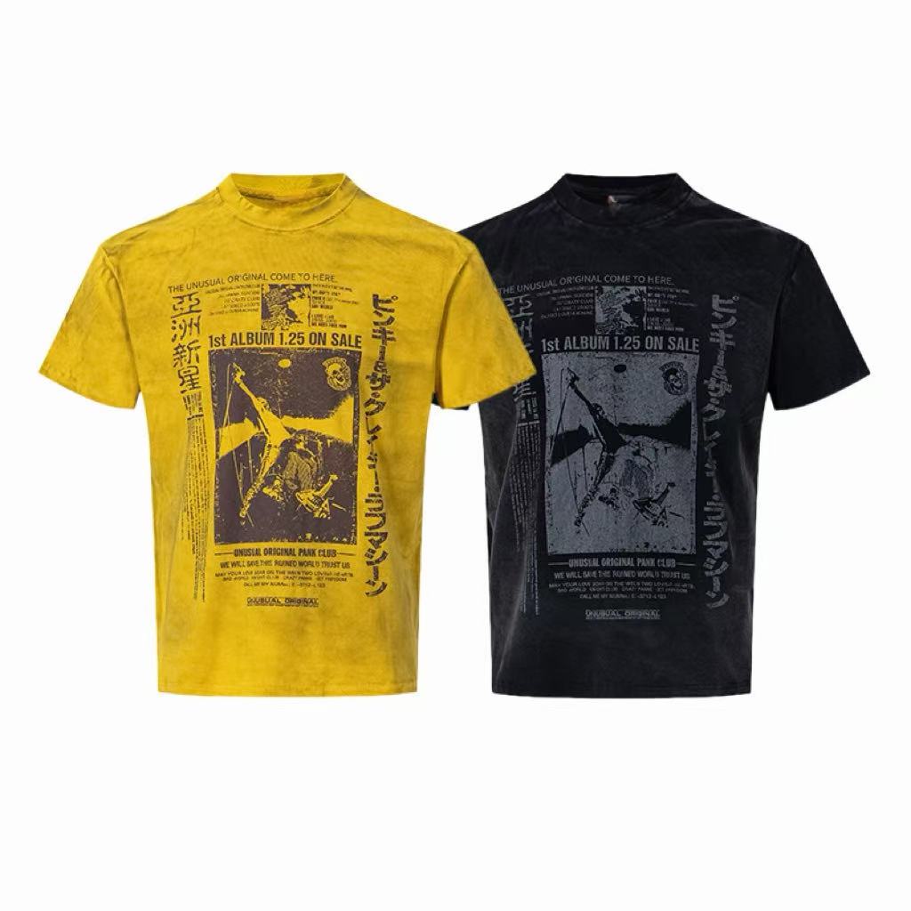 Acid-washed yellow and black punk graphic t-shirts with Japanese text and retro concert poster print