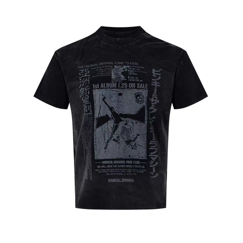 Black washed punk graphic tee with faded retro album-style print and Japanese text on the front