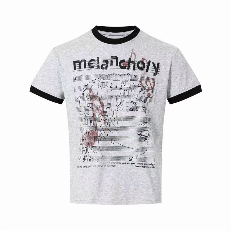 Gray ringer T-shirt with black trim featuring a melancholy music sheet graphic and vintage distressed print