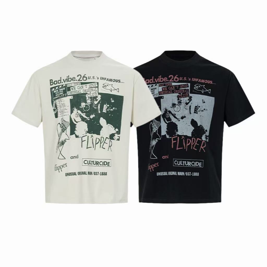 Off-white and black vintage punk graphic tees with Flipper and Culturcide collage print, displayed side by side on a white ba