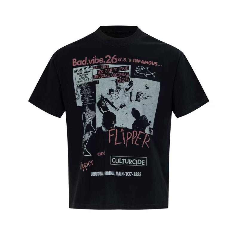 Black vintage punk graphic tee with Flipper collage print, distressed band text and streetwear style