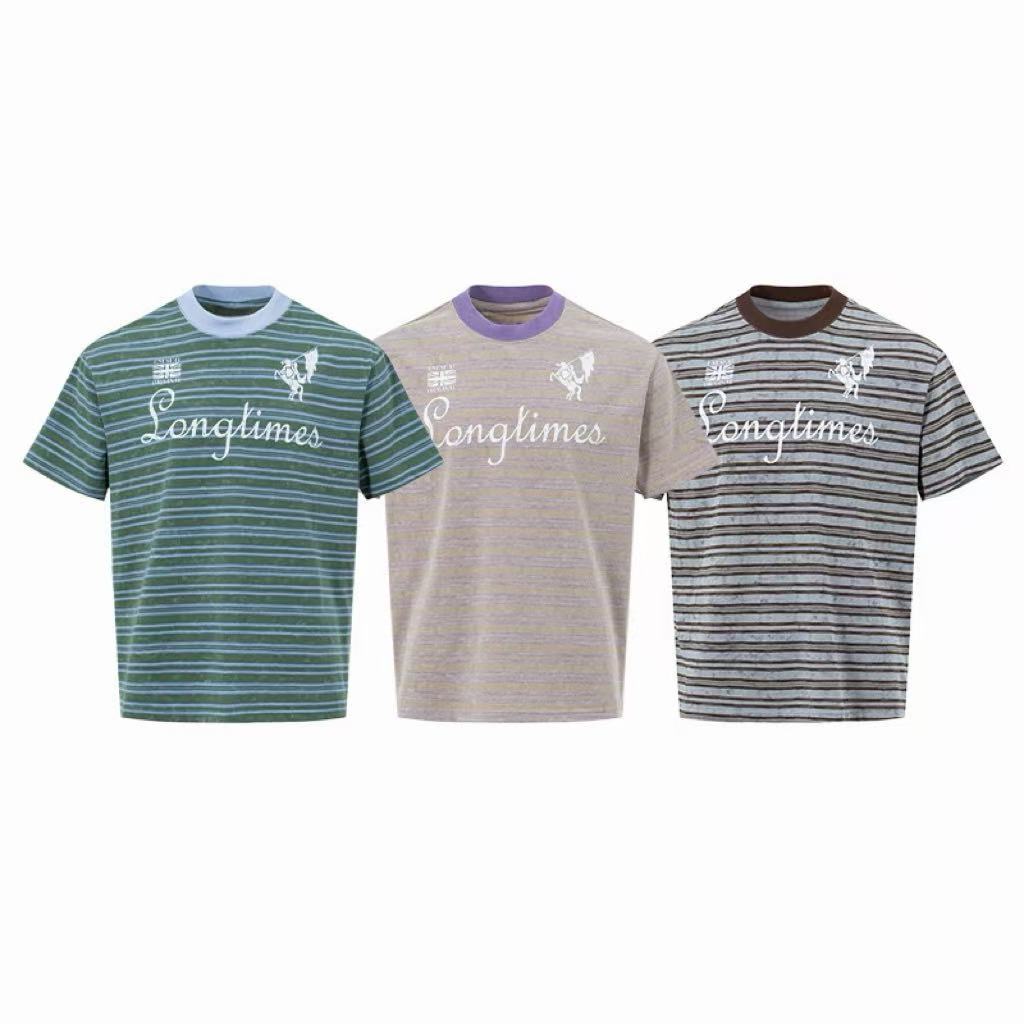 Green and blue horizontal striped ringer t-shirt with Longtimes script graphic and Union Jack crest on chest
