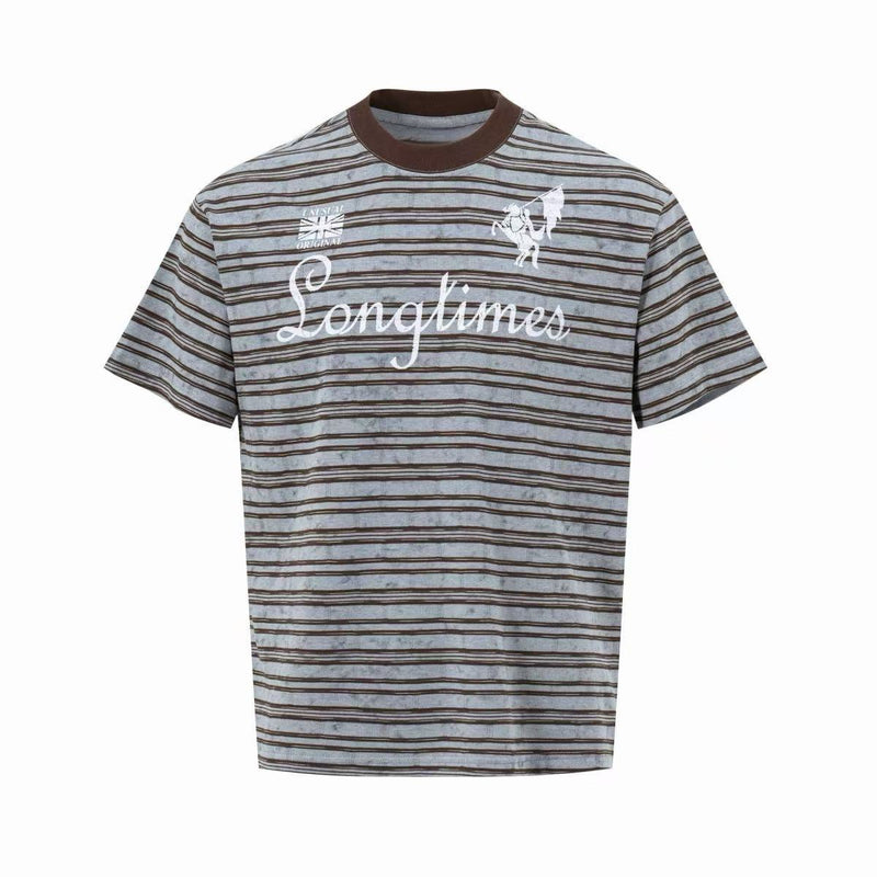 Vintage striped ringer T-shirt with brown collar and Longtimes graphic on light blue heathered fabric