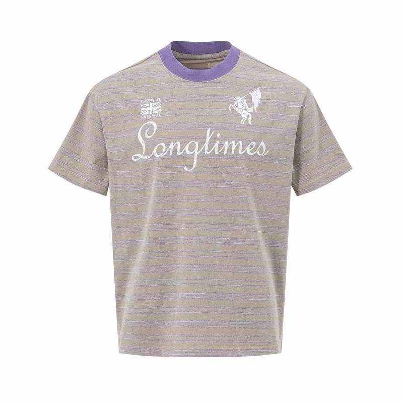 Vintage striped ringer T-shirt with purple collar and Longtimes graphic on a beige retro sport tee