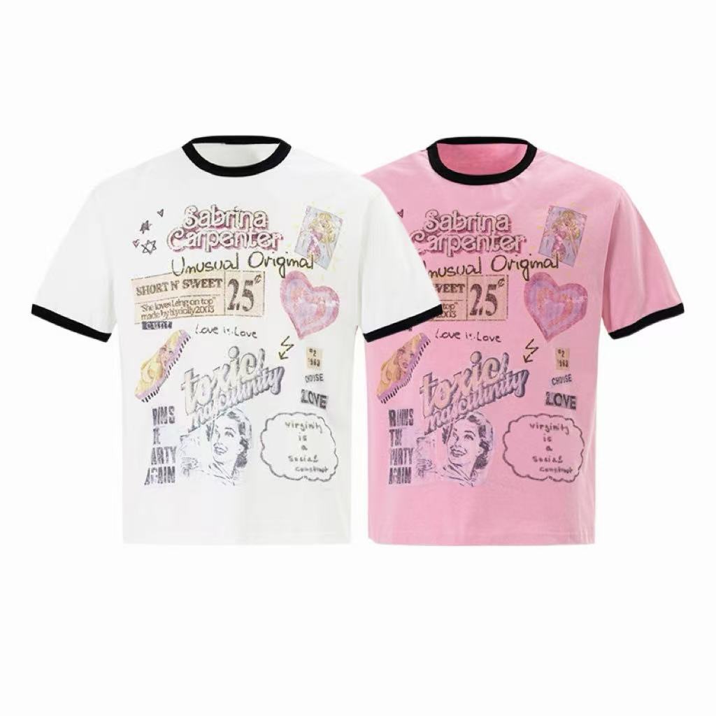 White and pink retro pop graphic ringer tees with collage-style print, contrast black trim, crew neck, short sleeve