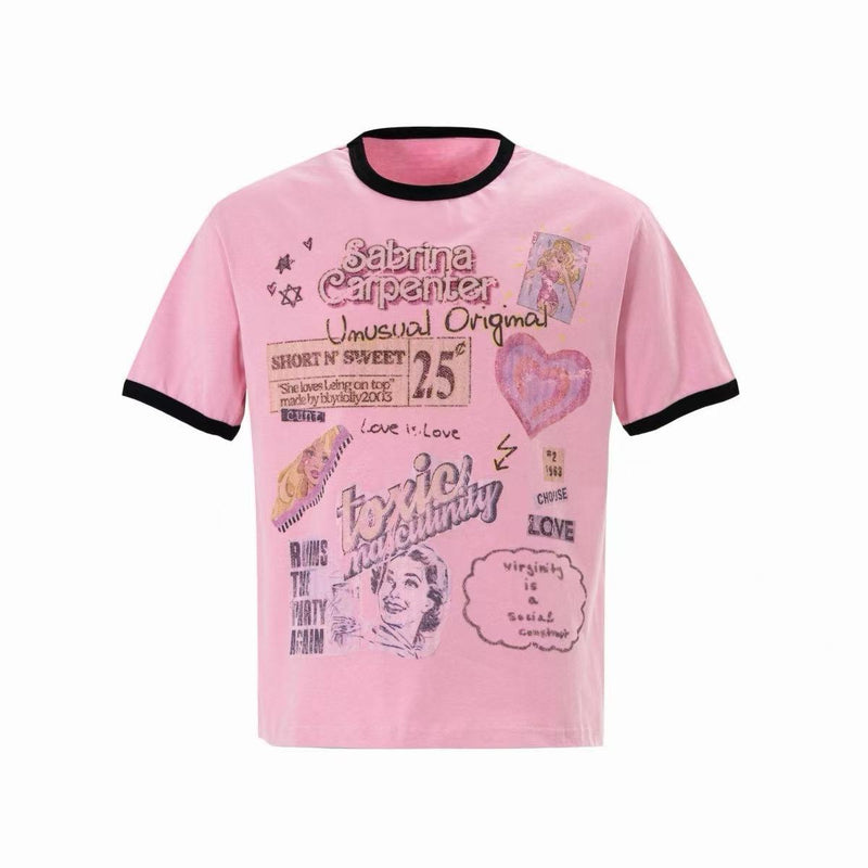 Pink ringer tee with black trim and retro collage-style graphic print, featuring Sabrina Carpenter-inspired Y2K streetwear design