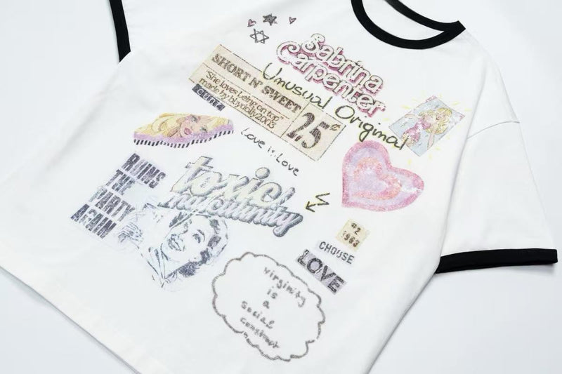 White ringer tee with black trim and pastel retro collage graphic print, styled for Y2K streetwear
