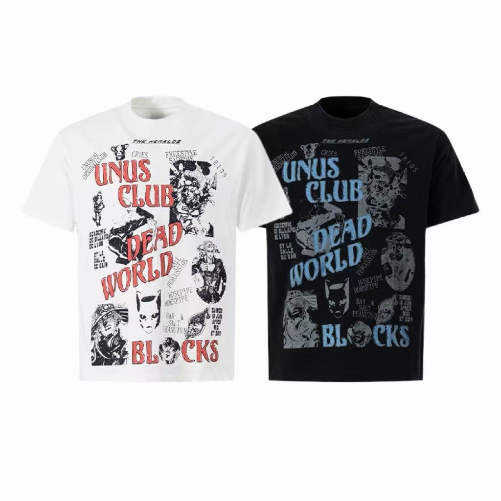 White and black Unus Club Dead World vintage comic graphic tees with distressed typography and manga-style character print