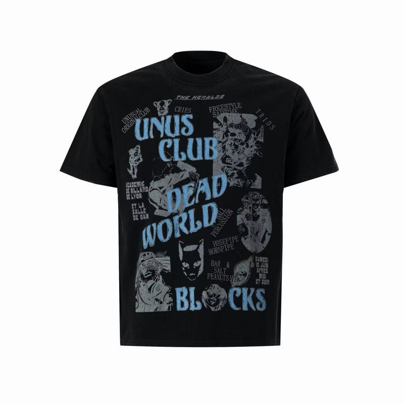 Black vintage comic graphic tee with blue Dead World Blocks print and distressed monochrome illustrations
