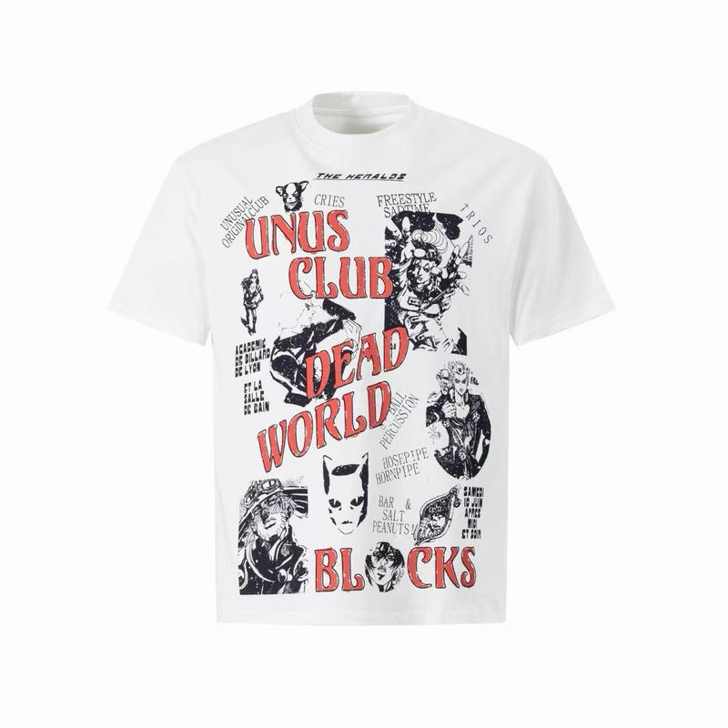 White graphic tee with vintage comic-style Dead World and Unus Club print in red and black
