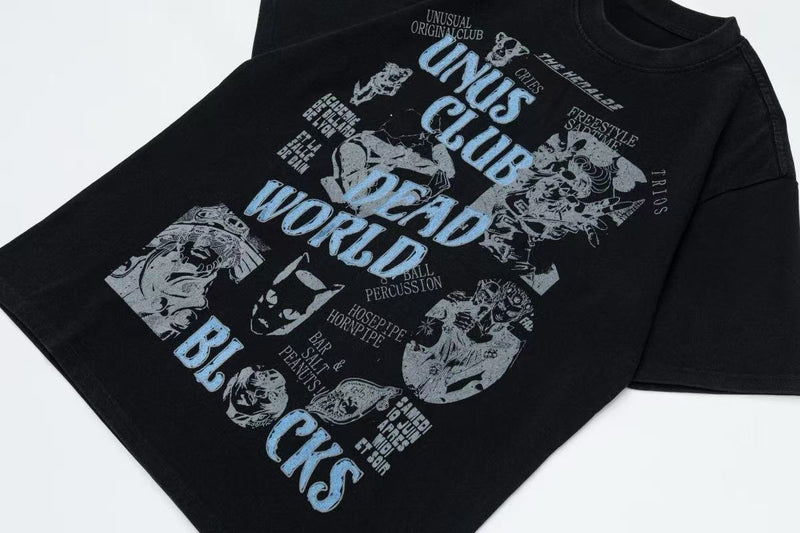 Black vintage graphic tee with blue Dead World comic print and distressed gothic lettering