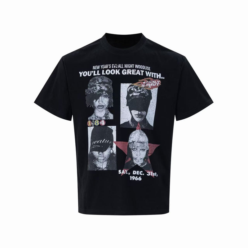 Black retro graphic tee with collage-style portrait prints, vintage text, and a bold streetwear statement design