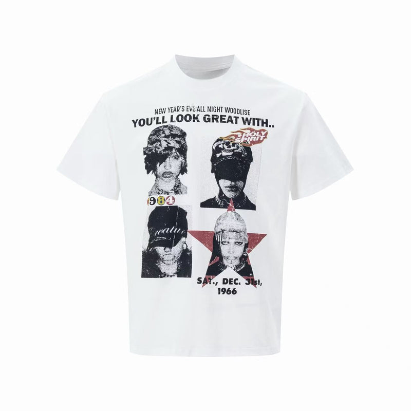 White graphic tee with retro collage portraits, bold vintage text, and star-accented streetwear design