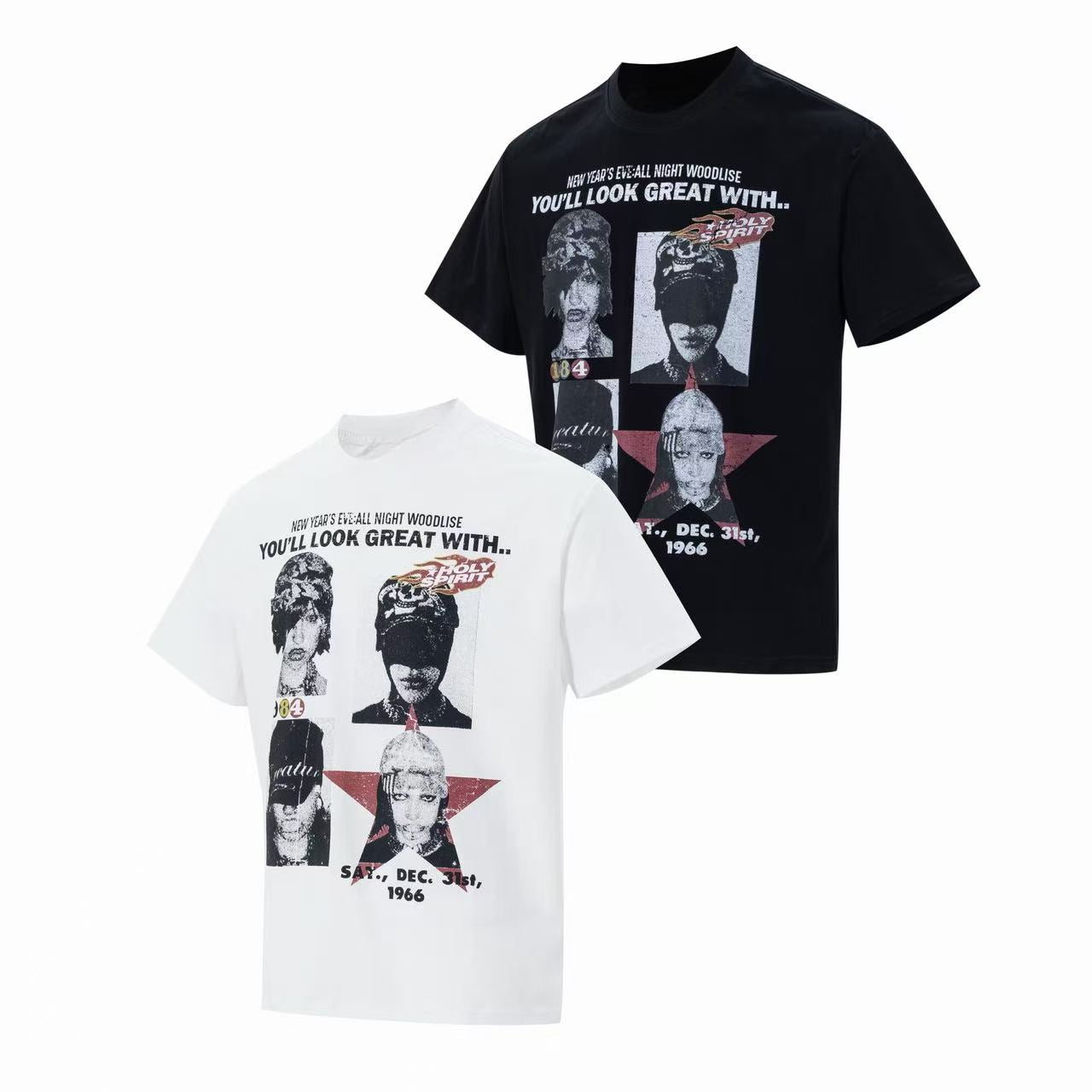 White and black retro portrait graphic tees with distressed vintage print, star detail, and 1966 event typography