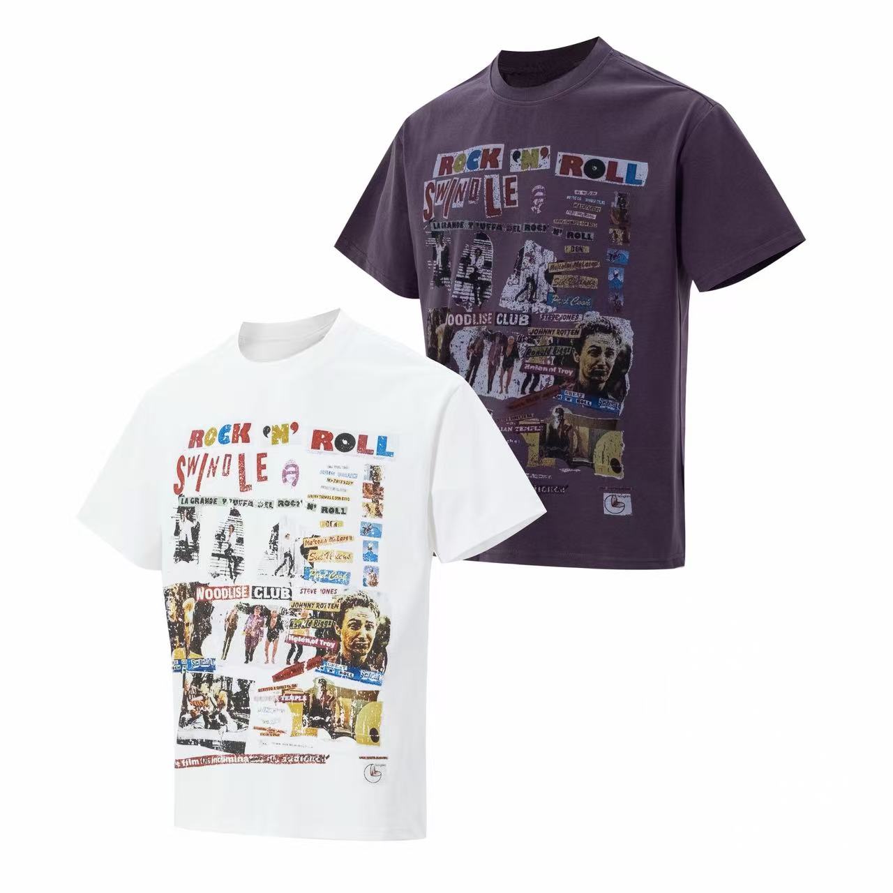 White and purple Rock N Roll Swindle collage graphic tees with distressed punk poster print on the front