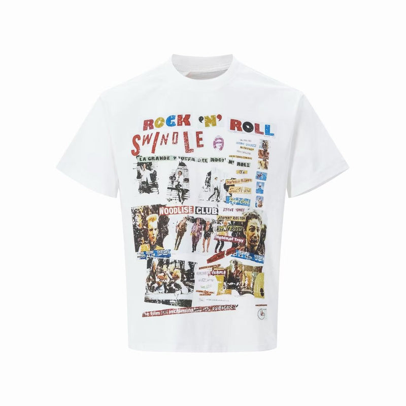 White graphic tee with a colorful rock and roll collage print and vintage punk-inspired lettering on the front