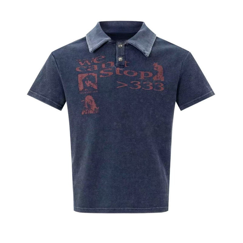Navy vintage washed polo tee with faded red graphic print and contrast collar, retro streetwear style