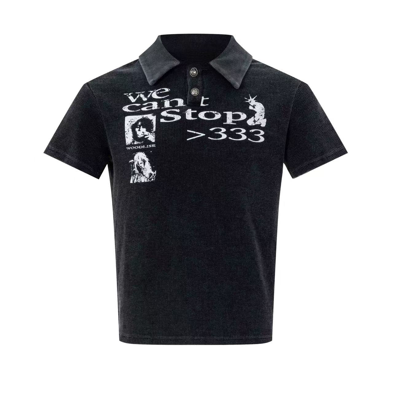 Washed black cotton polo tee with distressed We Can't Stop 333 graphic print and contrast polo collar