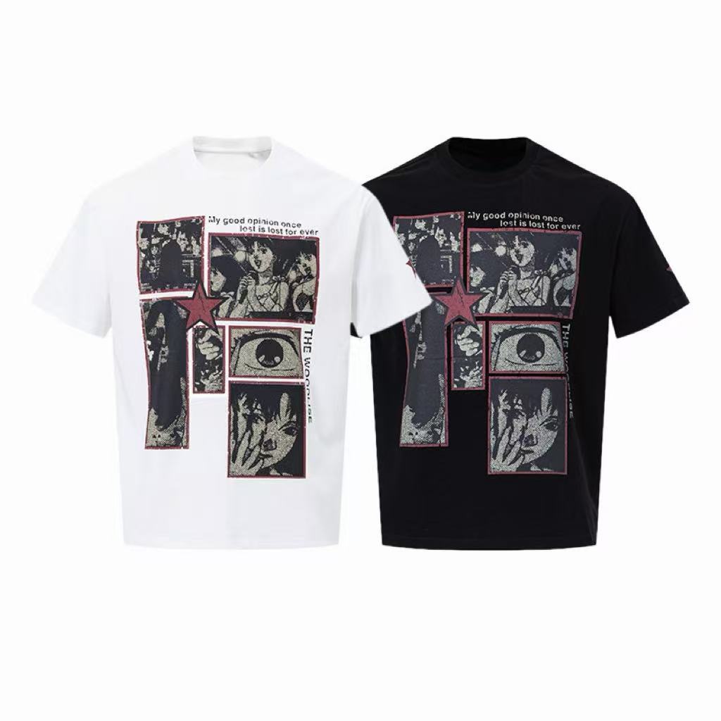 White and black Omirad Vintage Panel Graphic Tee with anime collage print, red star detail, and distressed texture design