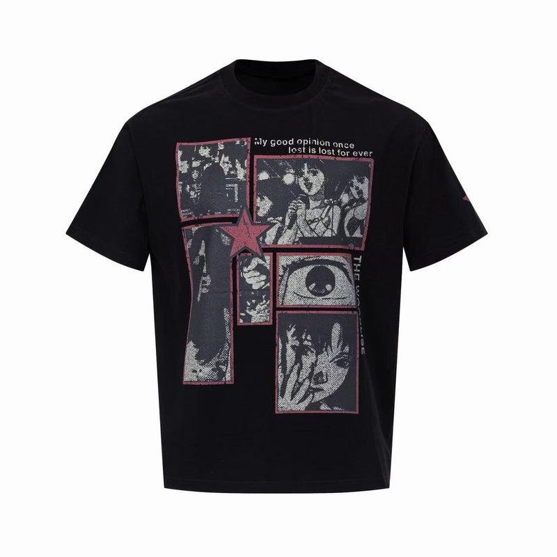 Black vintage panel graphic tee with pink-bordered anime-style collage and dark streetwear print