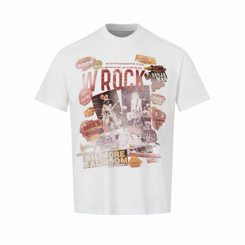 White vintage rock graphic T-shirt with a faded collage print and bold WROCK lettering on the front