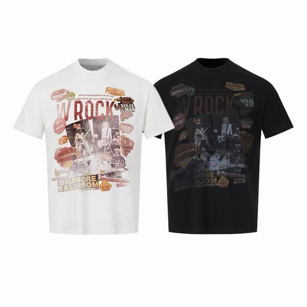 White and black Omirad Vintage Rock Collage T-shirts with distressed WROCK typography and retro concert poster graphic print