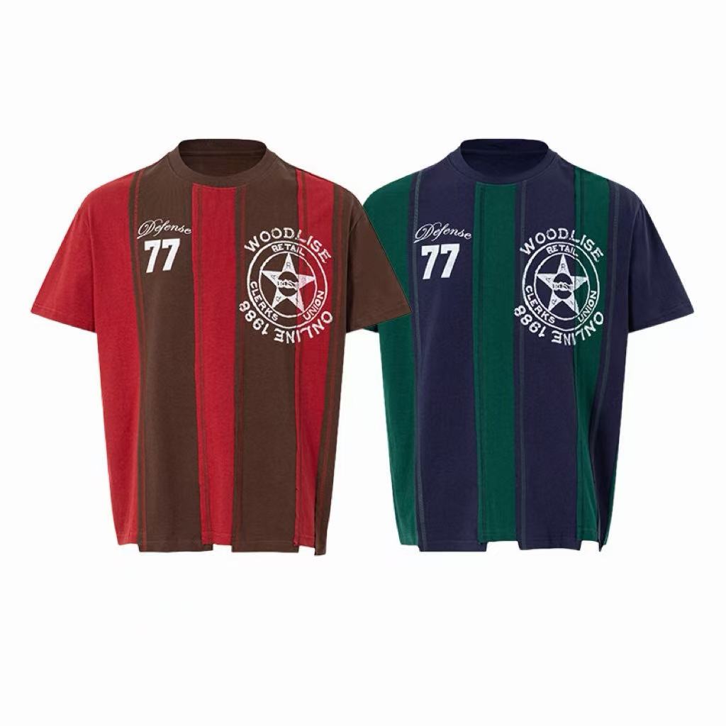 Oversized red and brown vertical stripe retro graphic tee with distressed varsity print and number 77, front view