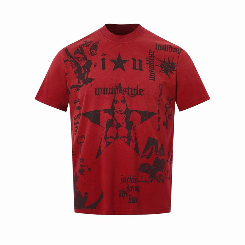 Red oversized graphic tee with black star and gothic-style prints on a plain white background