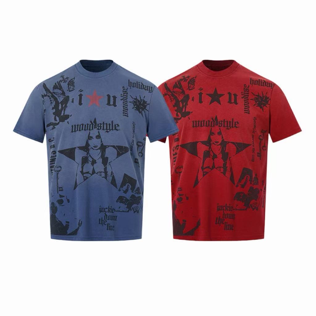 Oversized blue vintage wash graphic tee with all-over gothic star print and distressed Y2K streetwear artwork
