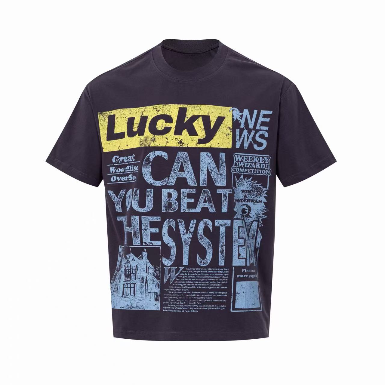 Lucky System Newspaper Graphic Tee | Oversized Y2K Streetwear