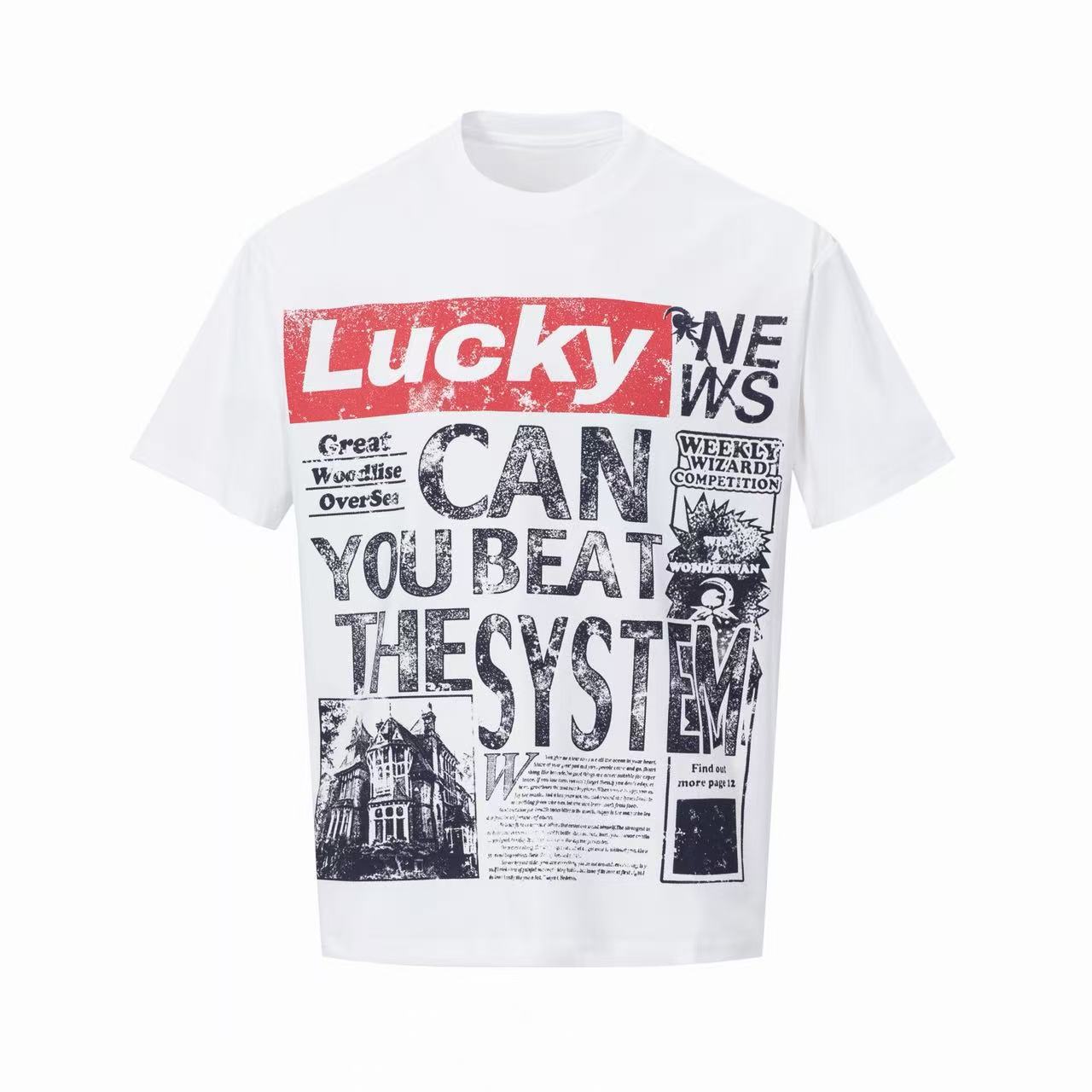 Lucky System Newspaper Graphic Tee | Oversized Y2K Streetwear