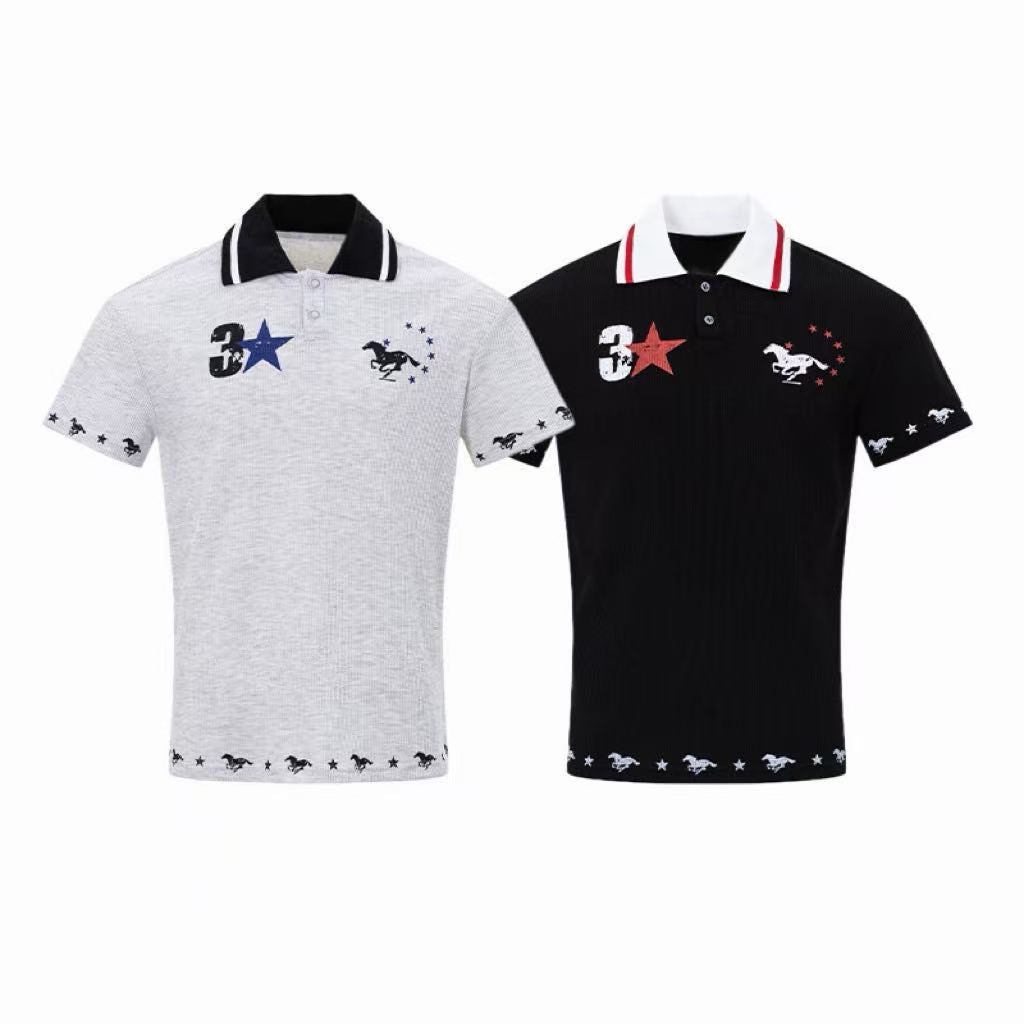 Grey and black retro racing polo shirts with embroidered number 3, star and galloping horse graphics, contrast stripe collar