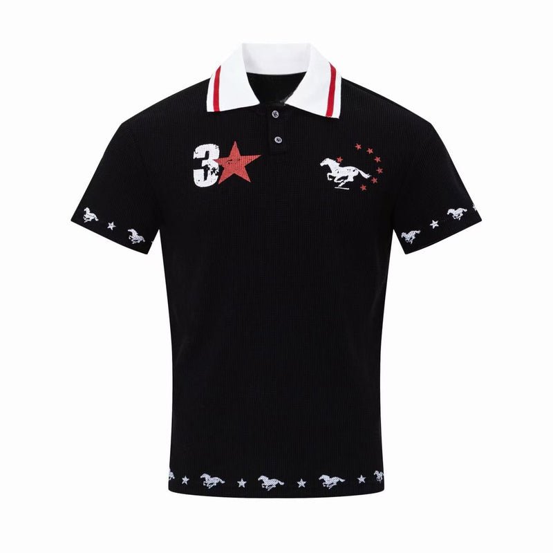 Black retro racing polo tee with white collar, red trim, and embroidered mustang and star graphics